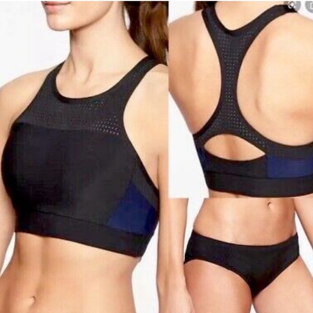Athleta Bonaire High‎ Neck Bikini Set TOP AND BOTTOM Black Navy Blue Small